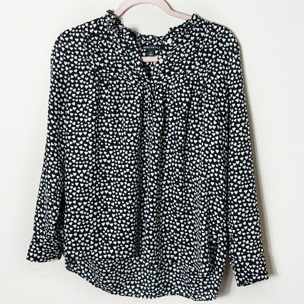 J. Crew Mercantile Black White Heart Pattern Ruffled Blouse Top size 4